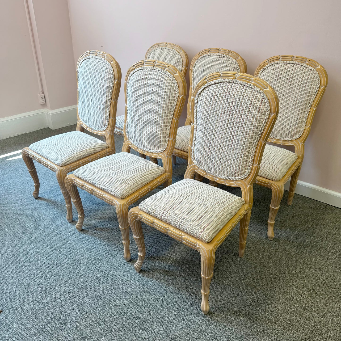 Vintage Regency Serge Roche Style Faux Bois Dining Chairs - Set of 6