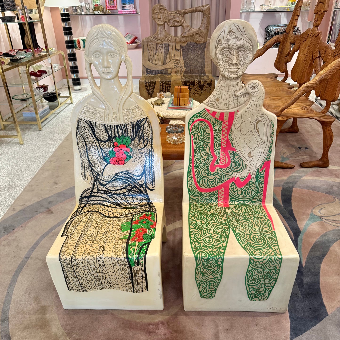 Vintage Pair of Man and Woman Fiberglass "Chairacters" by Altina Schinasi
