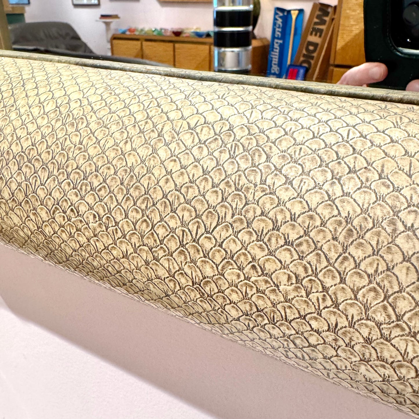 Vintage Faux Snakeskin and Brass Octagonal Bullnose Mirror