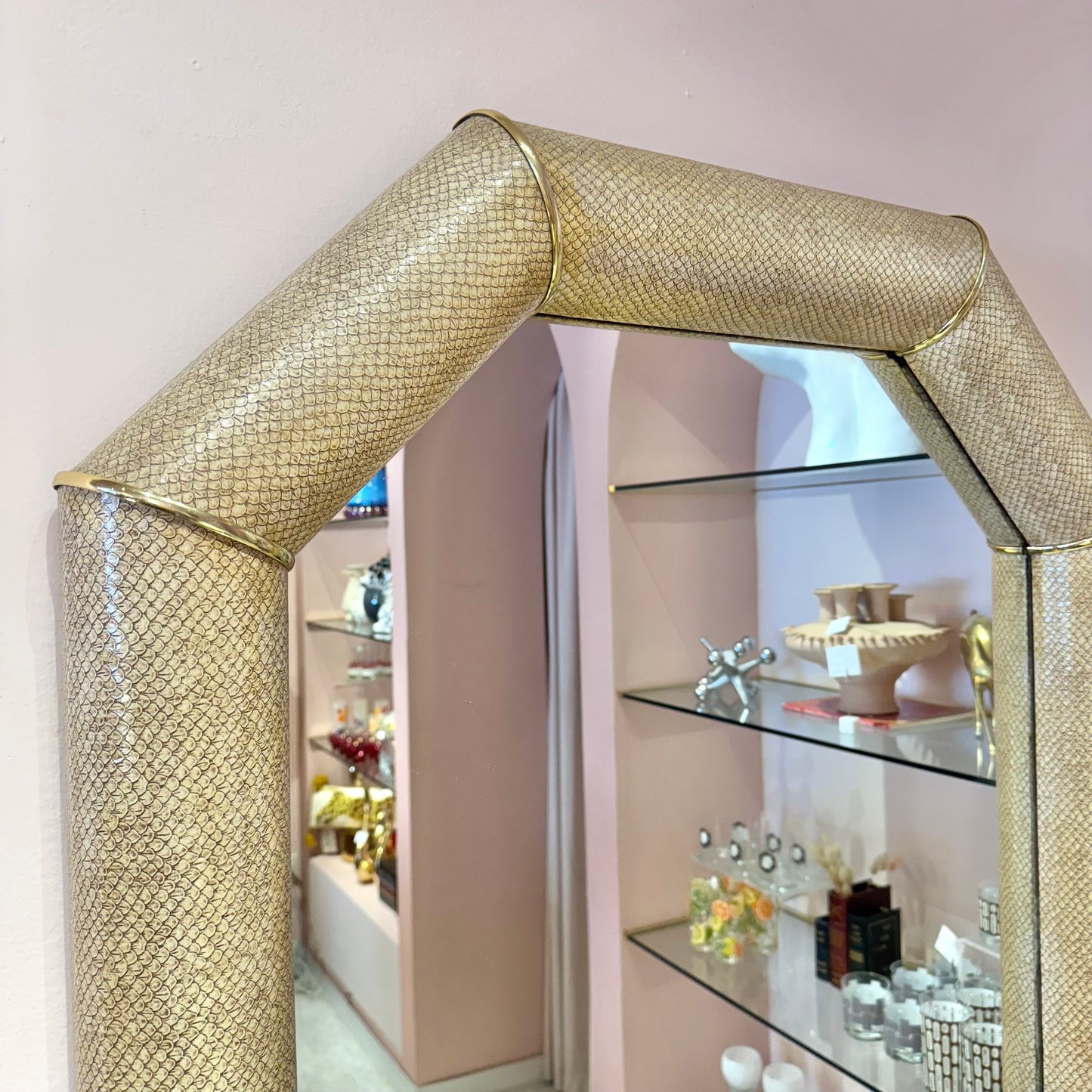 Vintage Faux Snakeskin and Brass Octagonal Bullnose Mirror