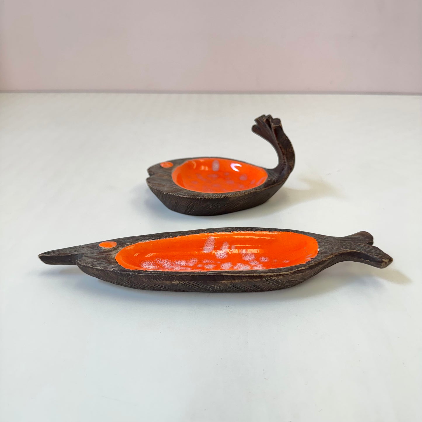 Pair of Mid Century Orange Glazed Ceramic Fish Catchall Dishes