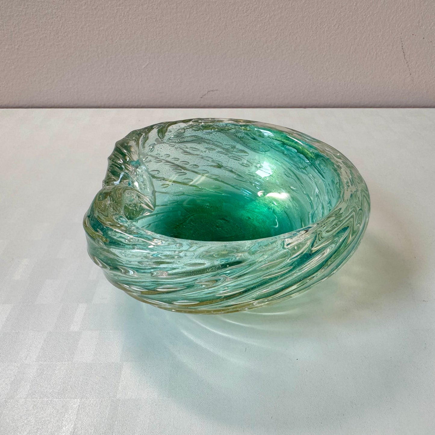 Chunky Vintage Aqua Green and Gold Leaf Murano Glass Ashtray/Bowl