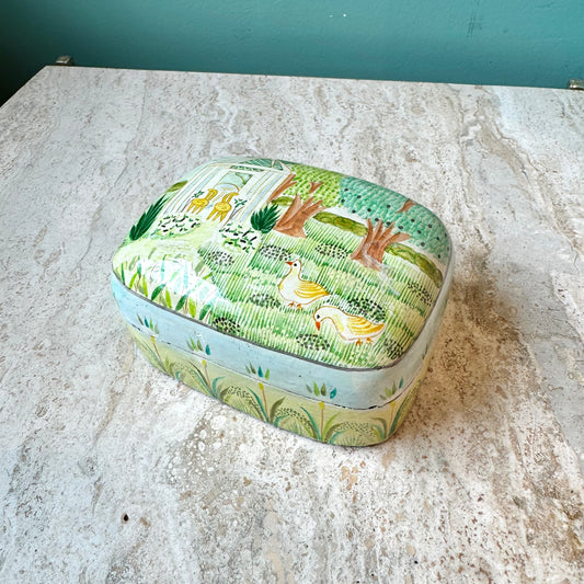 Vintage Papier Mache Garden Scene Trinket Box