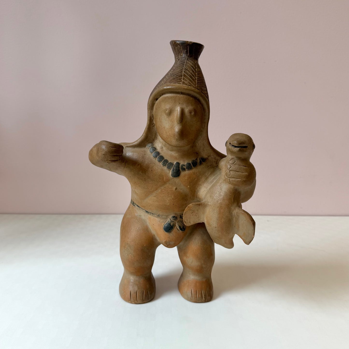 Vintage Mid-Century Aztec Style 'Warrior/Hunter Holding Bird' Clay Pottery Vase