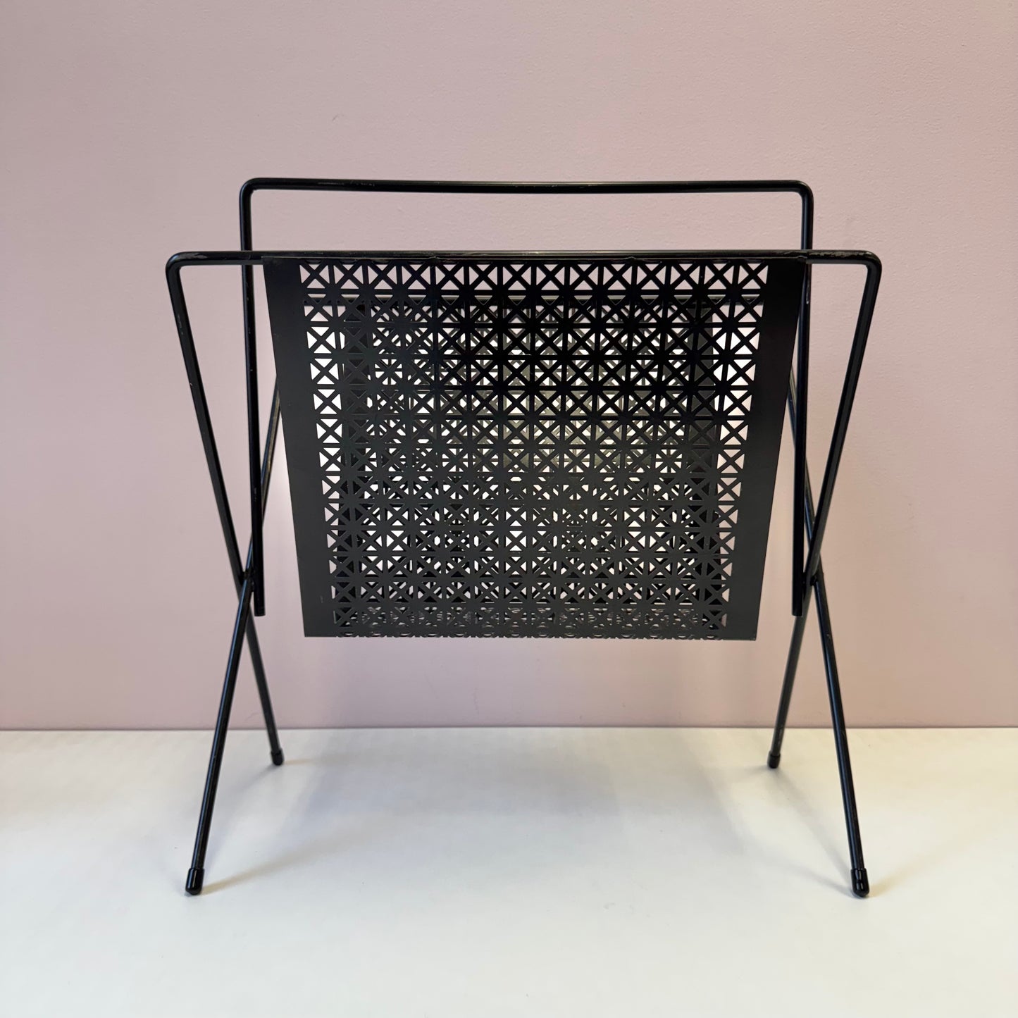 Vintage Mid Century Black Perforated Metal Magazine Rack