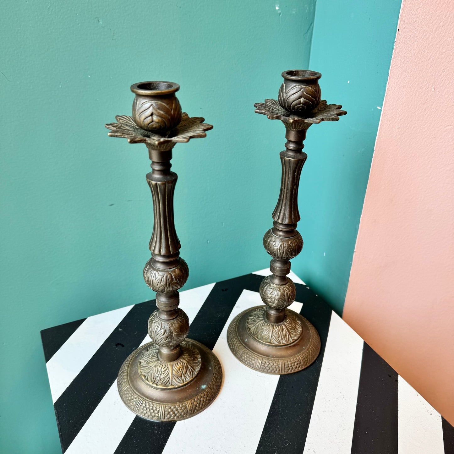 Vintage Pair Ornate Brass Candle Holders