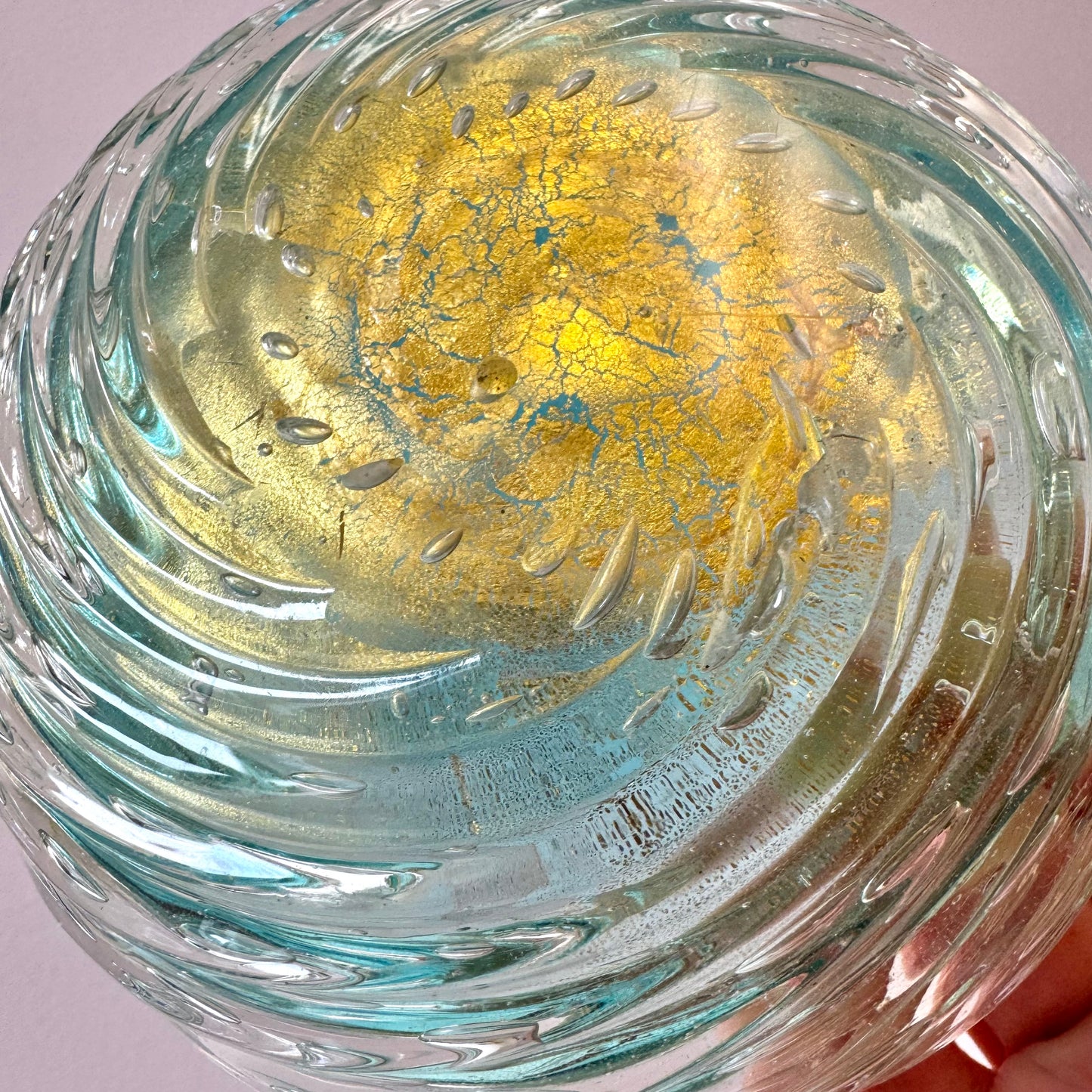 Chunky Vintage Aqua Green and Gold Leaf Murano Glass Ashtray/Bowl
