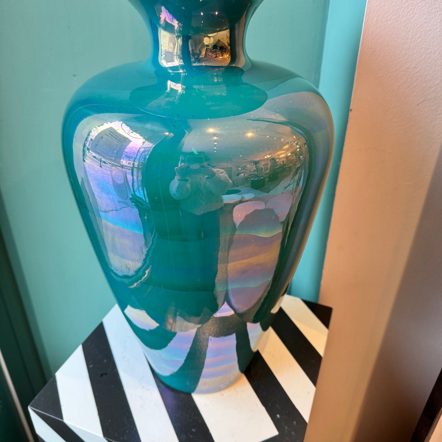 Vintage Large Teal Pearlescent Flower Vase