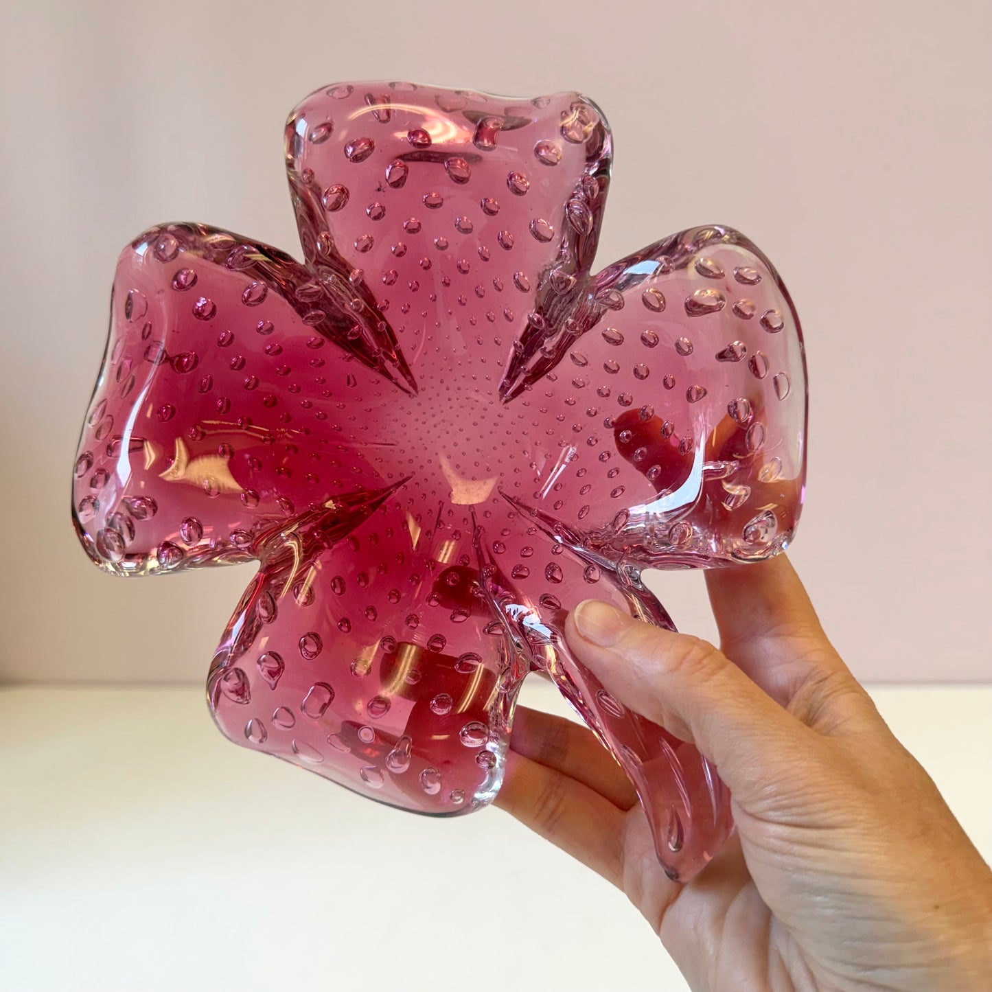 Vintage Pink Clover Leaf Murano Glass Bowl