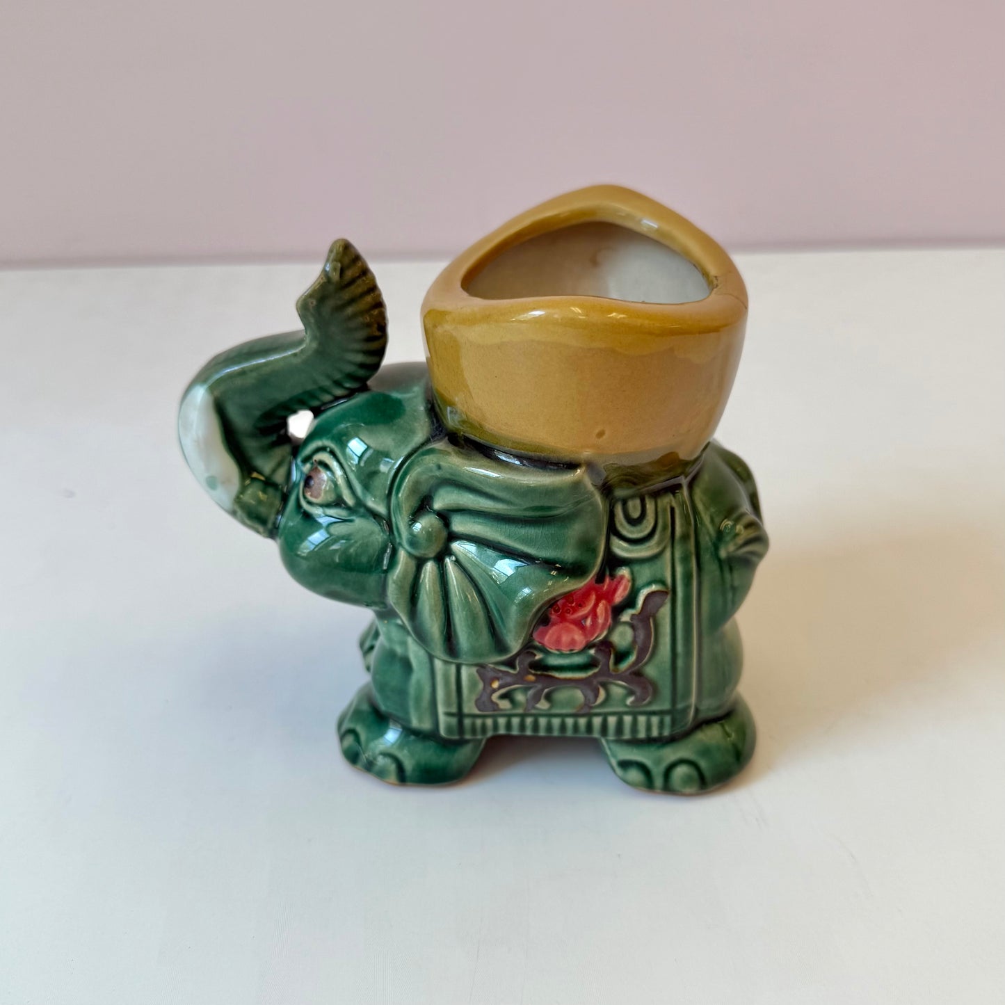 Vintage Green Glazed Ceramic Elephant Planter