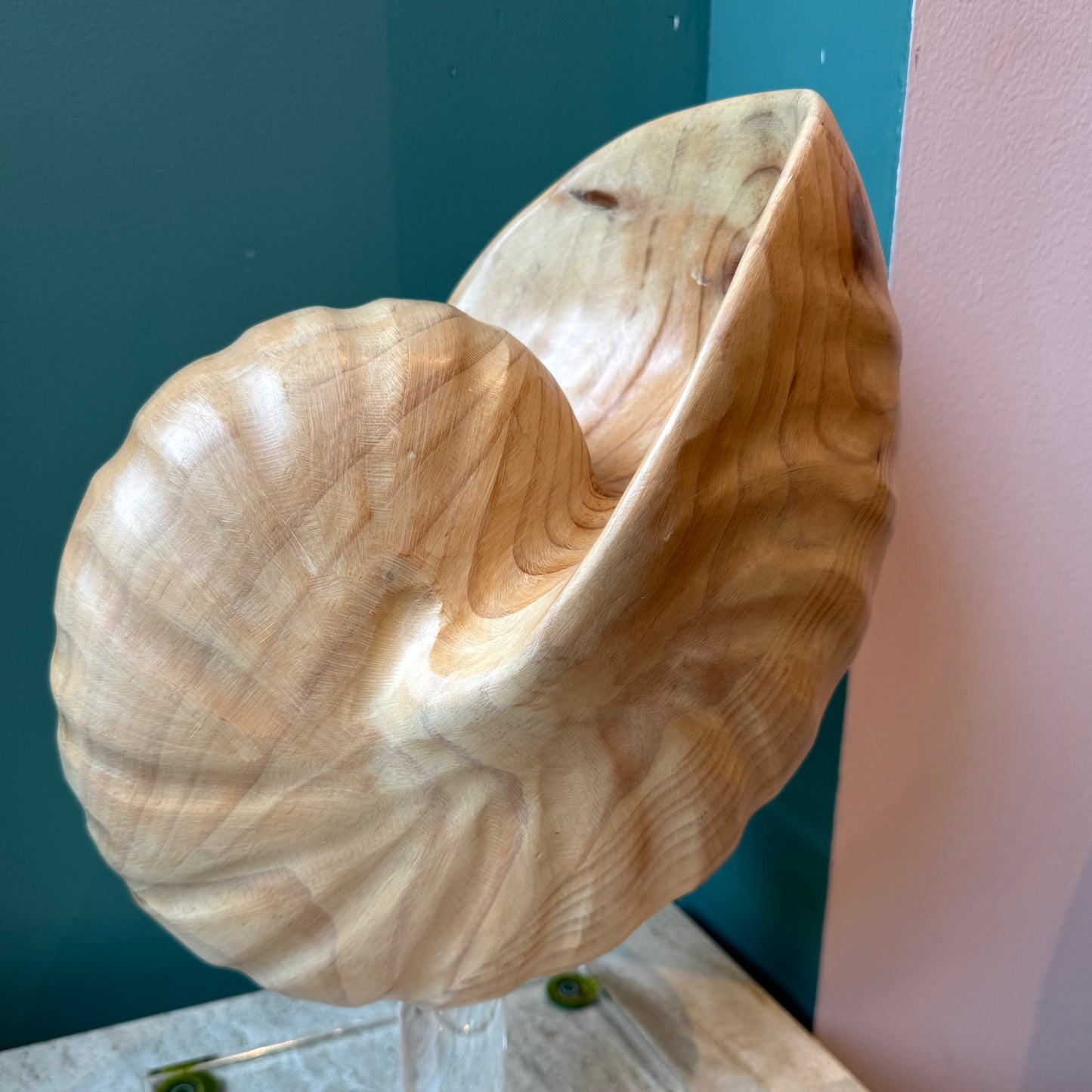 Vintage Carved Wooden Nautilus Shell on Lucite Stand