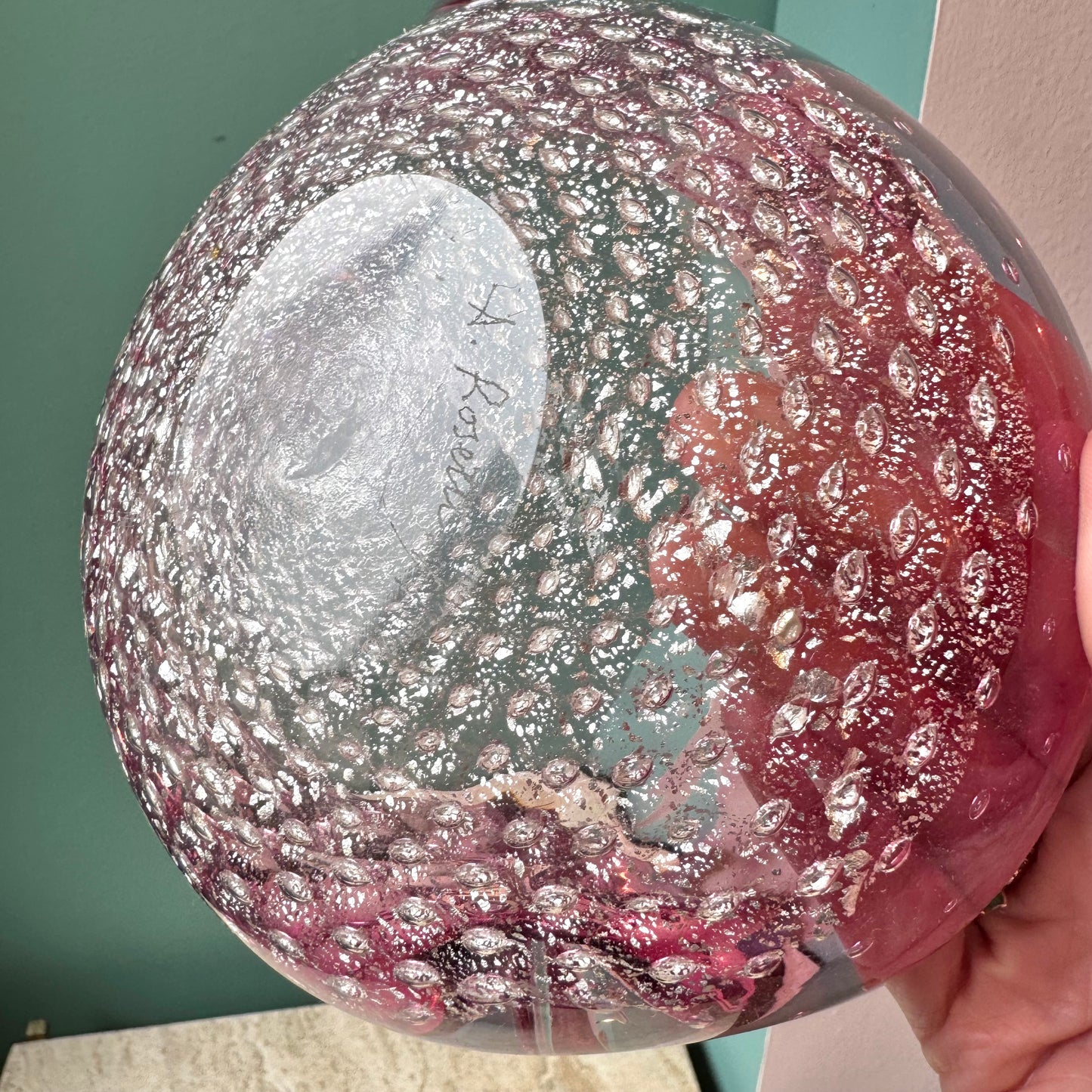 Vintage Signed Pink and Silver Leaf Murano Glass Bowl