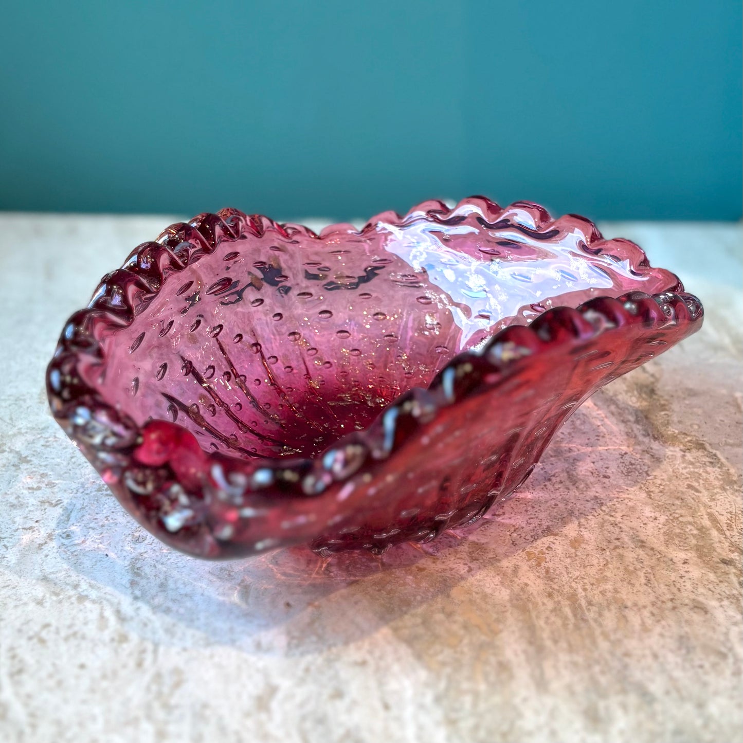 Vintage Scallop Edged Pink Bullicante Glass Bowl with Gold Leaf