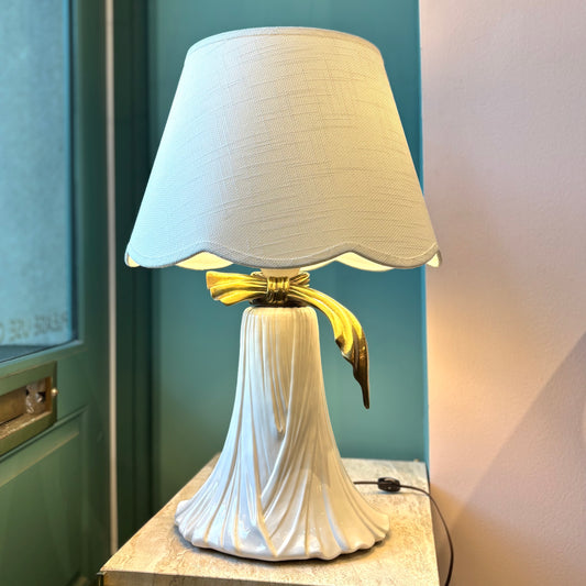 Vintage Ceramic Draped Cloth and Brass Bow Lamp with Scallop Shade by Chapman