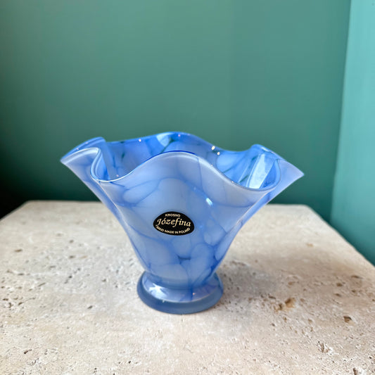 Vintage Krosno Józefina Poland Blue Swirl Ruffled Art Glass Bowl/Vase