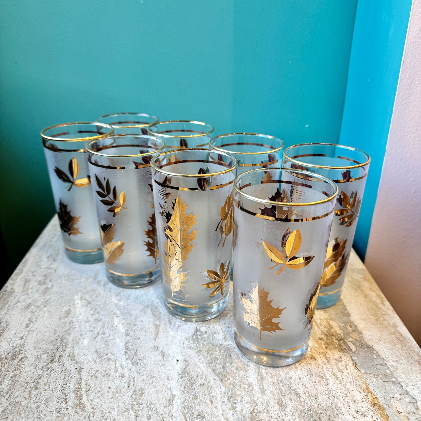 Set of 8 Mid Century Frosted Gold Leaf Drinking Glasses