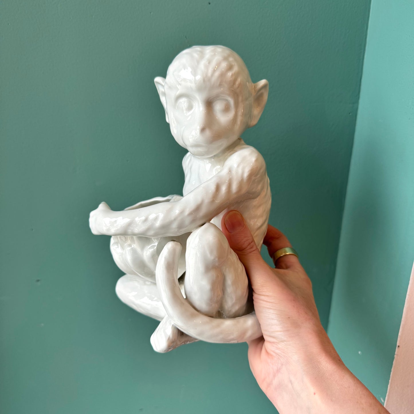 Vintage White Ceramic Monkey Planter