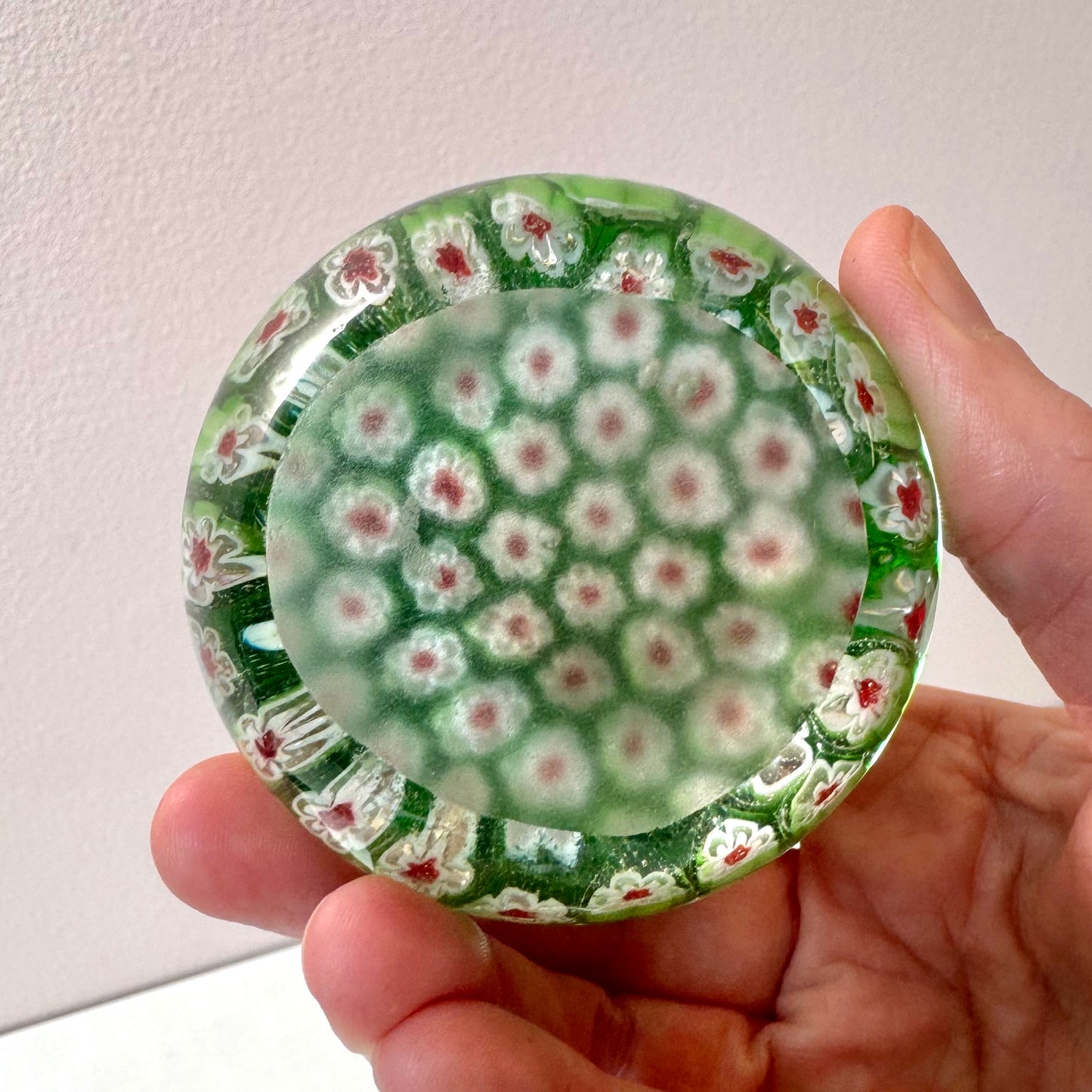 Vintage Green, Red and White Millefiori Paperweight