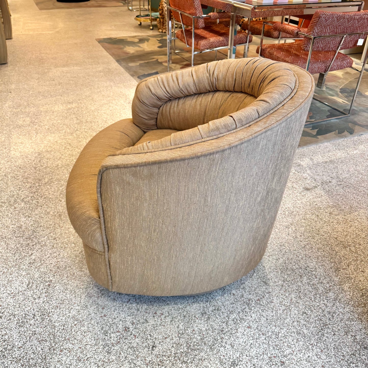 1980's Ruched Back Swivel Barrel Chair