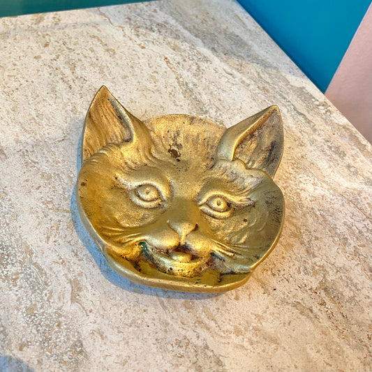 Vintage Brass Cat Face Trinket Dish