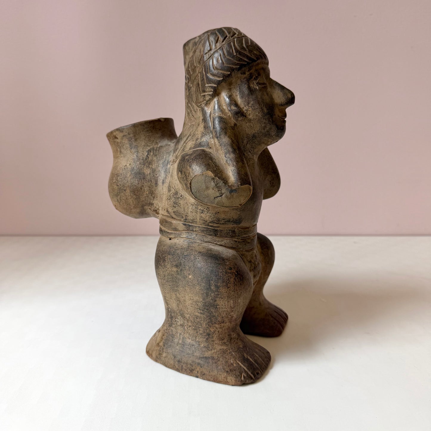 Vintage Mid-Century Aztec-Style 'Figure Carrying a Basket' Clay Pottery Planter (as is)