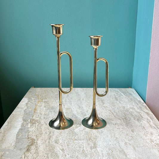 Vintage Set of Silvestri Style Brass Trumpet Candle Holders