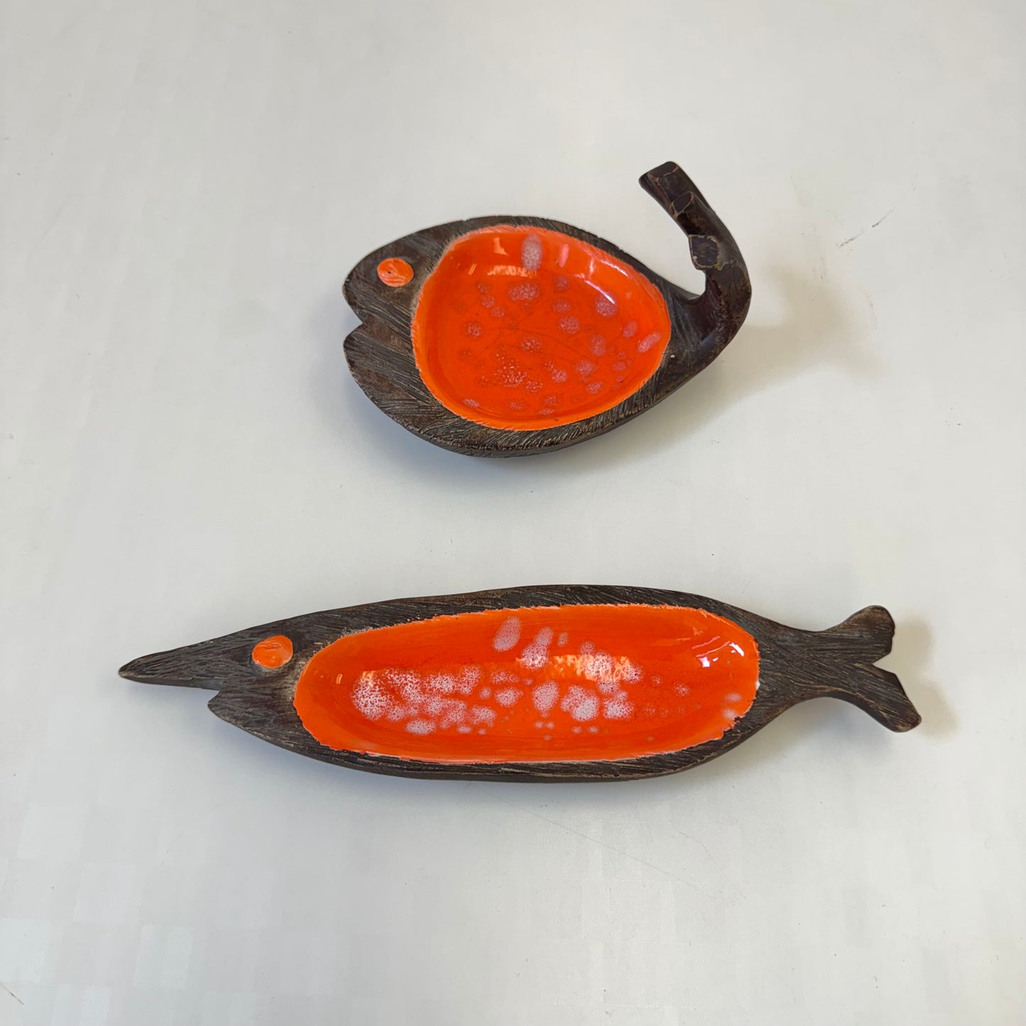 Pair of Mid Century Orange Glazed Ceramic Fish Catchall Dishes