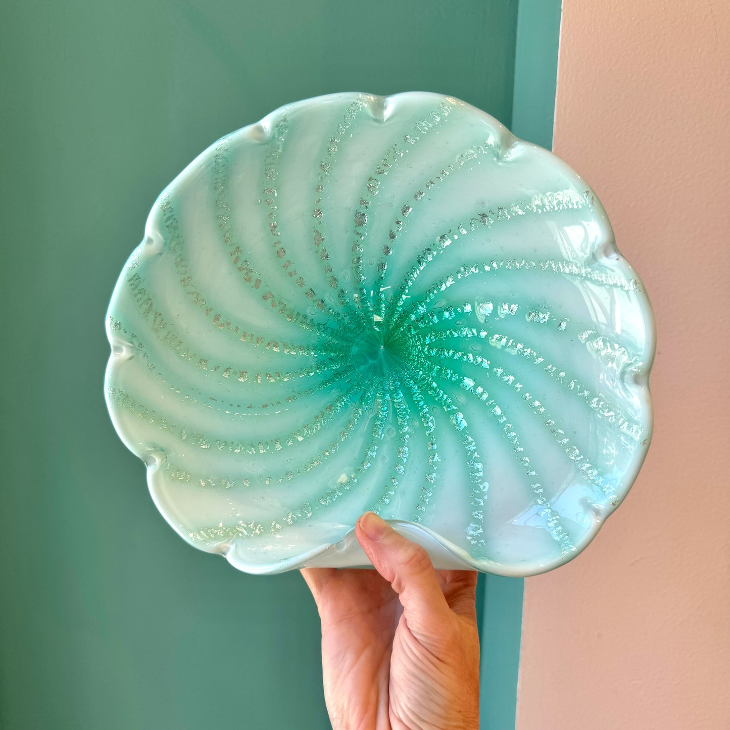 Vintage Murano Glass Large Aqua Green and Silver Leaf Bowl