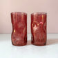 Vintage Set of 2 Hand Blown Crackled Cranberry "Pinched" Glass Water Glasses