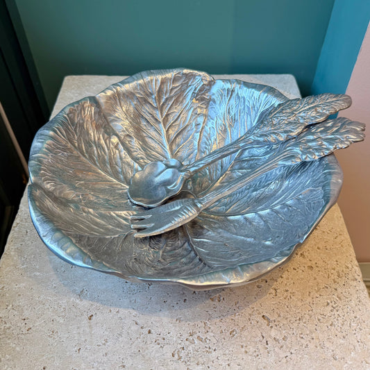 Vintage Wilton Co Pewter Cabbage Leaf Serving Bowl and Utensils