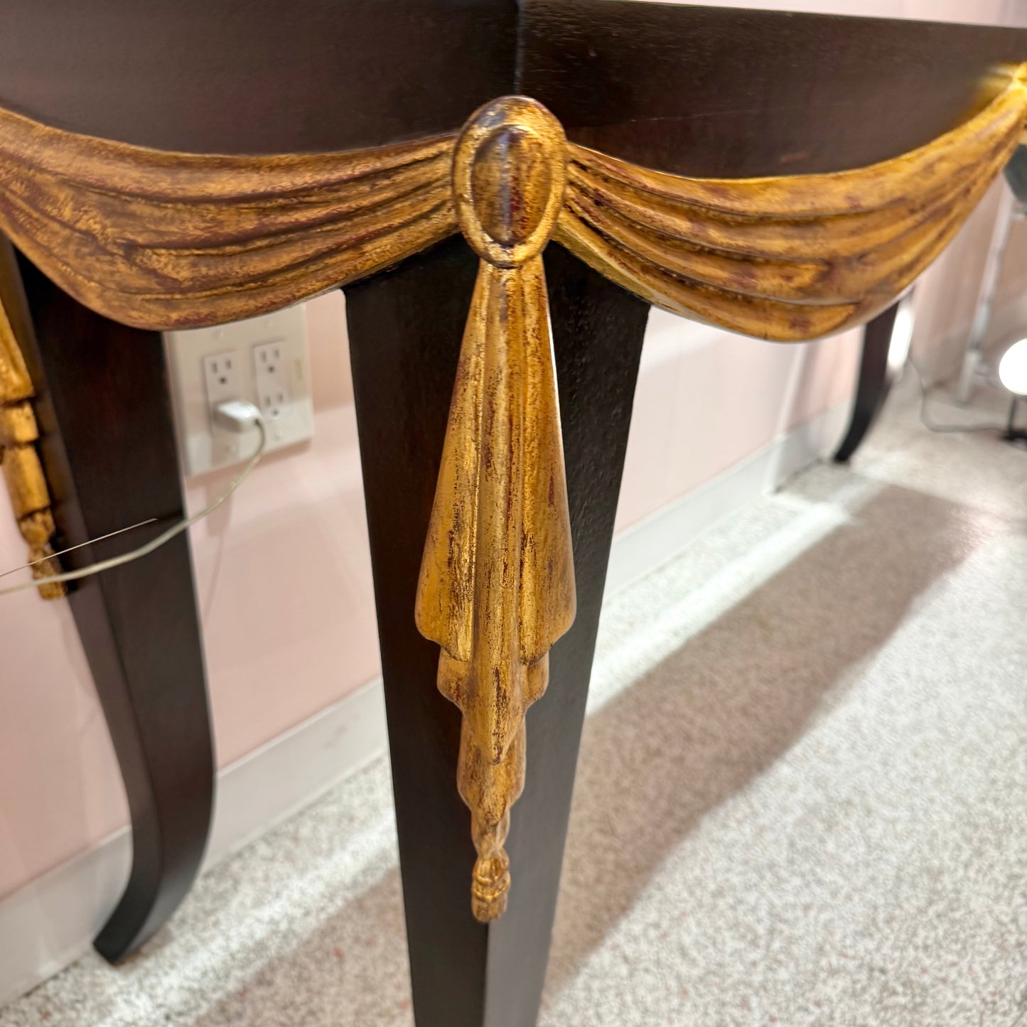 Vintage Dark Wood Console with Gold Gilt Draped Valance Detail