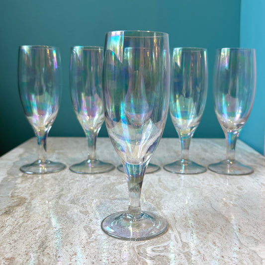 Set of 6 Vintage Iridescent Flute Glasses