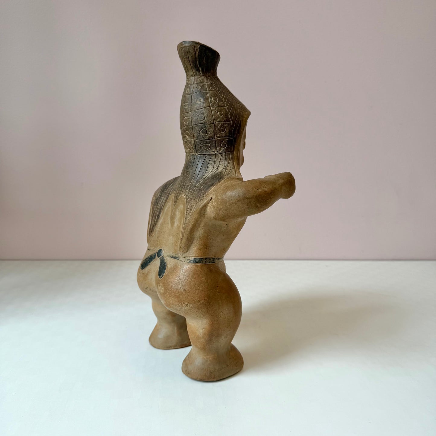 Vintage Mid-Century Aztec Style 'Warrior/Hunter Holding Bird' Clay Pottery Vase