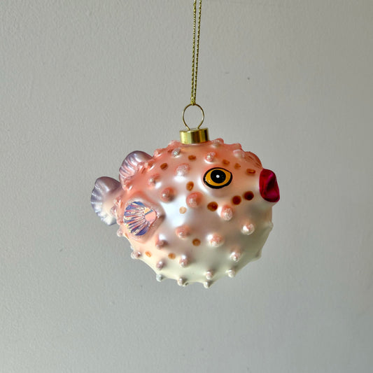 Glass Pink Puffer Fish Ornament