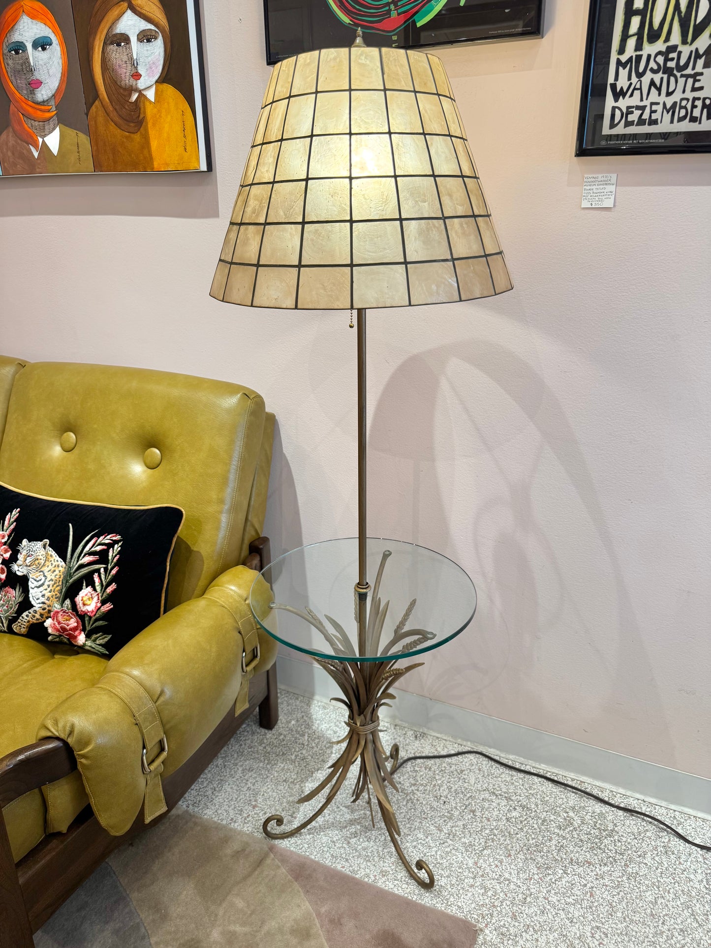Vintage Capiz Shell Floor Lamp with Sheaf of Wheat Table