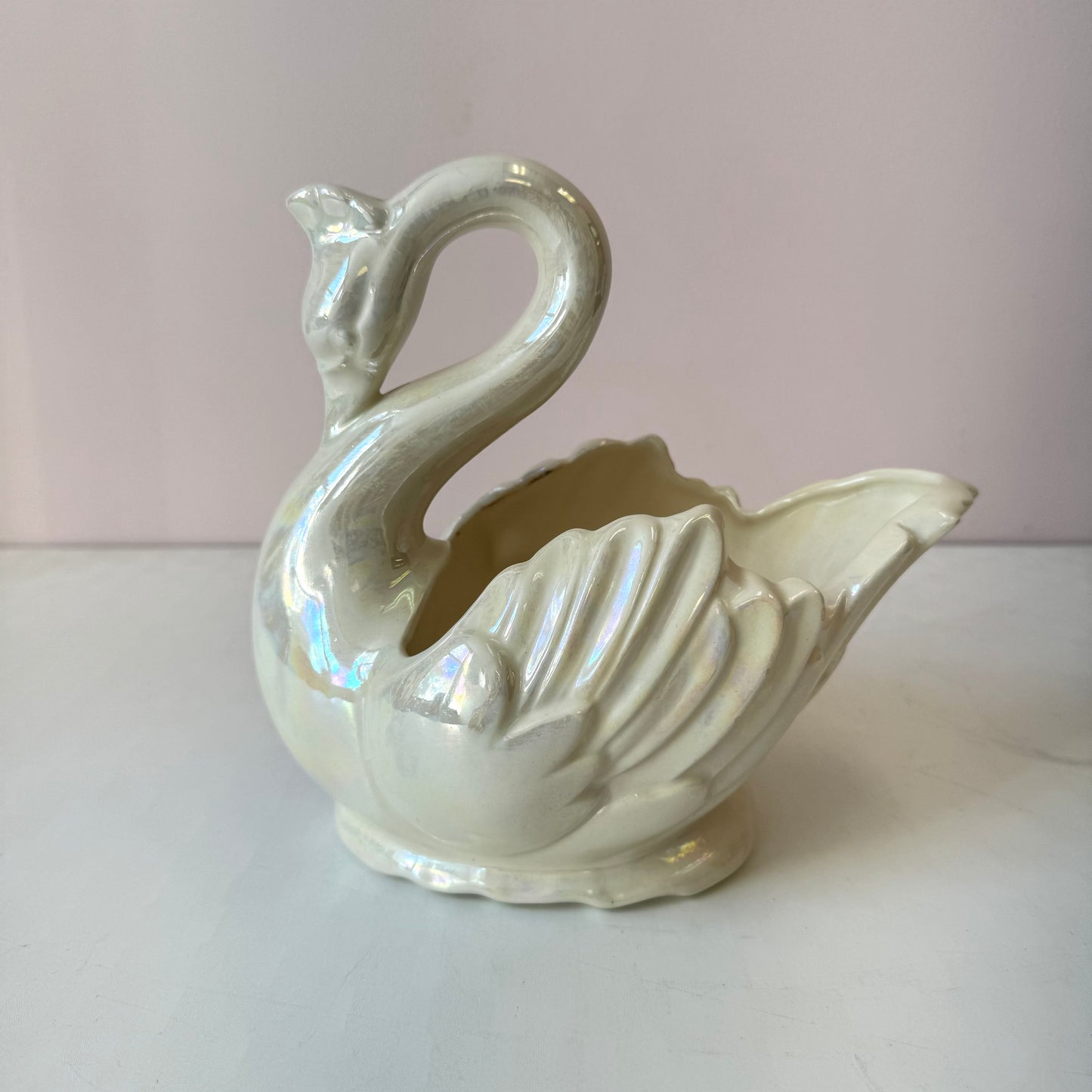 Vintage Iridescent Ceramic Swan Planter