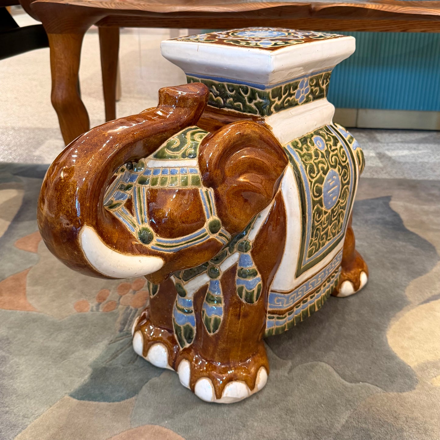 Vintage Hand Painted Brown Ceramic Asian Elephant Plant Stand
