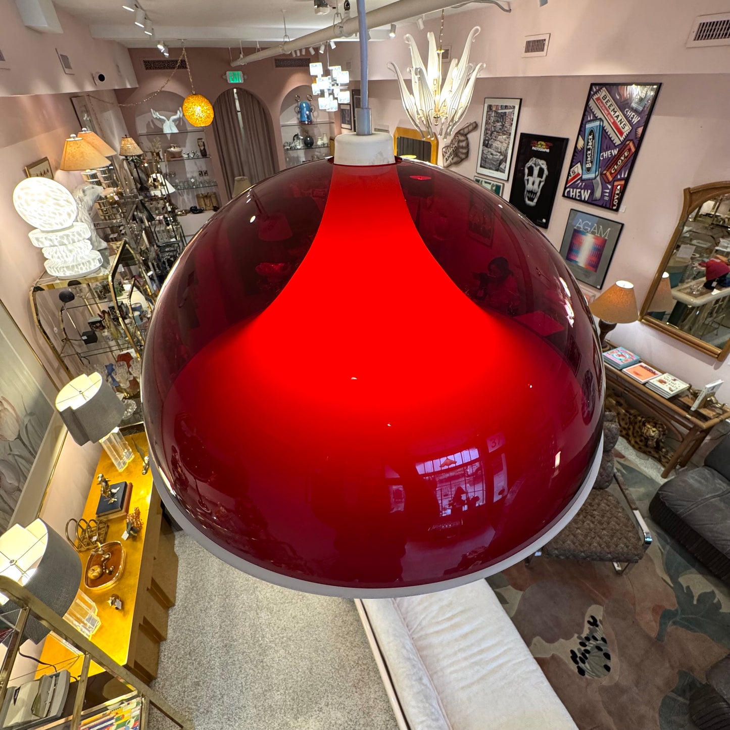 Vintage Red and White Space Age Dome Pendant Light