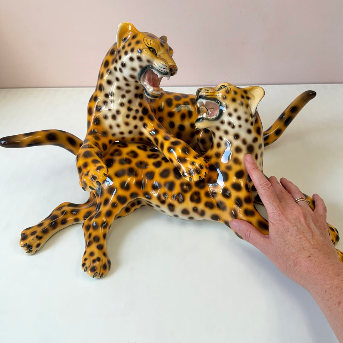 Vintage Mid-Century Ceramic Fighting Leopards Sculpture (as is)