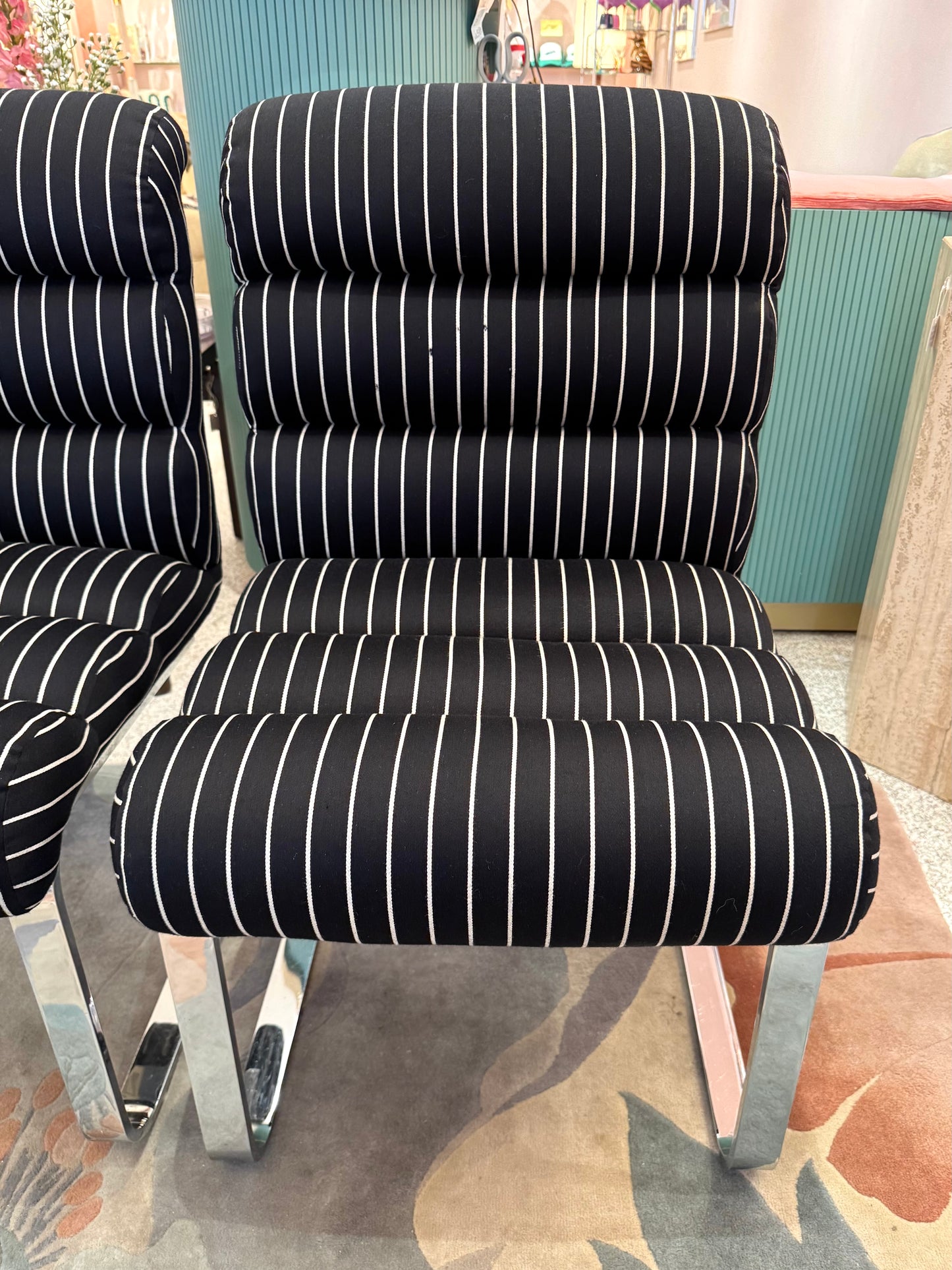 Set of Four 1970's Pace Collection Mariani Lugano Cantilever Dining Chairs in Black/White Stripe