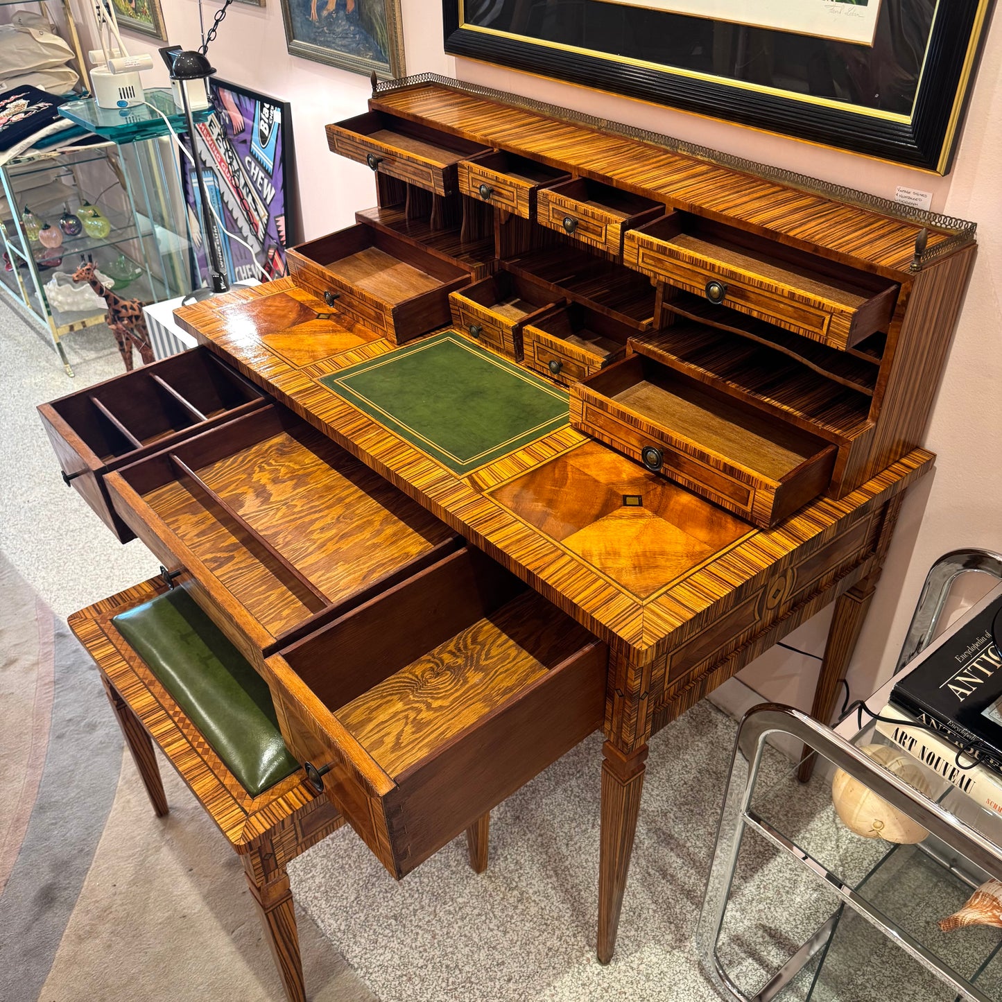 Vintage Carlton House Style Marquetry Writing Desk and Stool