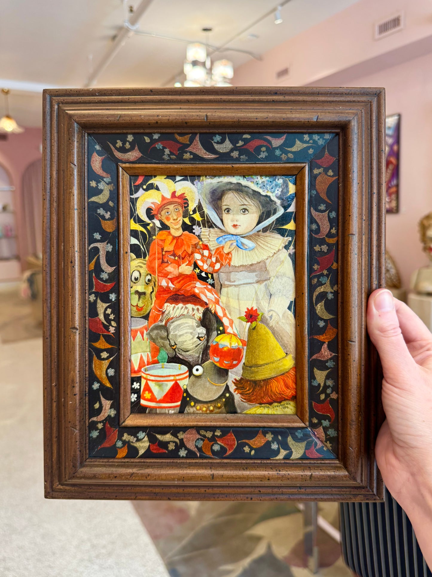 Vintage Small Original Framed "The Little Circus" 1980 Mixed Media on Board by Phyllis Londraville