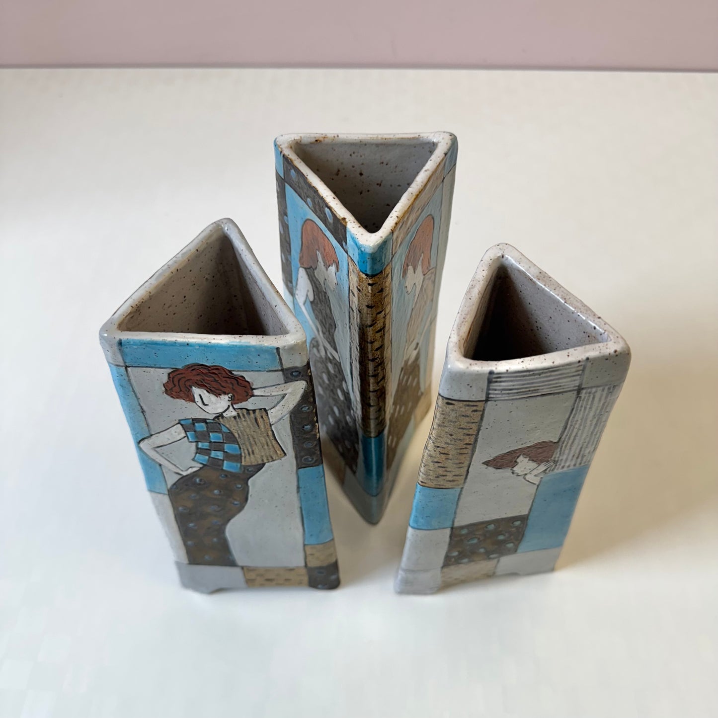 Set of 3 Vintage Triangular Clay Female Figure Vases