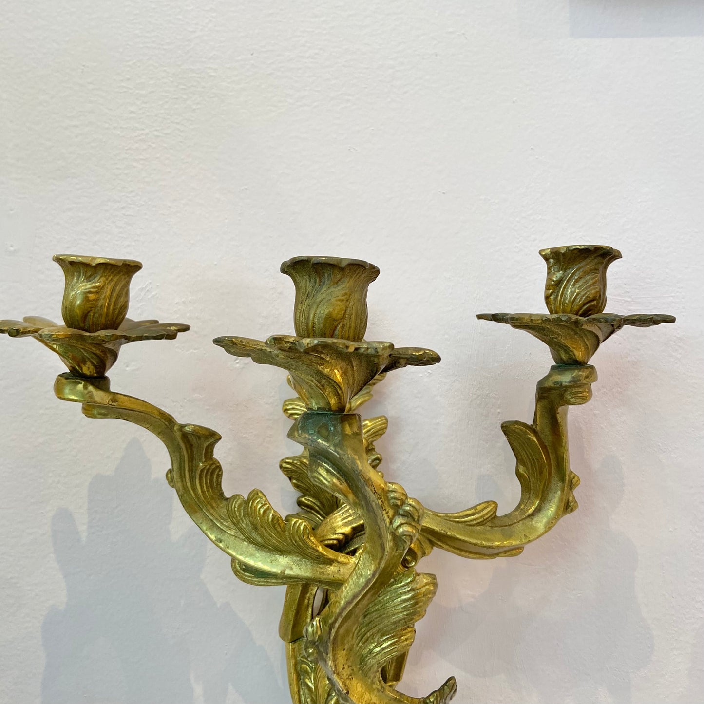 Pair of Antique Louis XV Rococo Style Brass 3 Arm Candle Sconces
