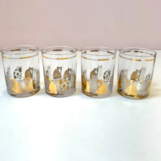Vintage Set of Four 22 Karat Gold and White Cat Rock Glasses by Georges Briard