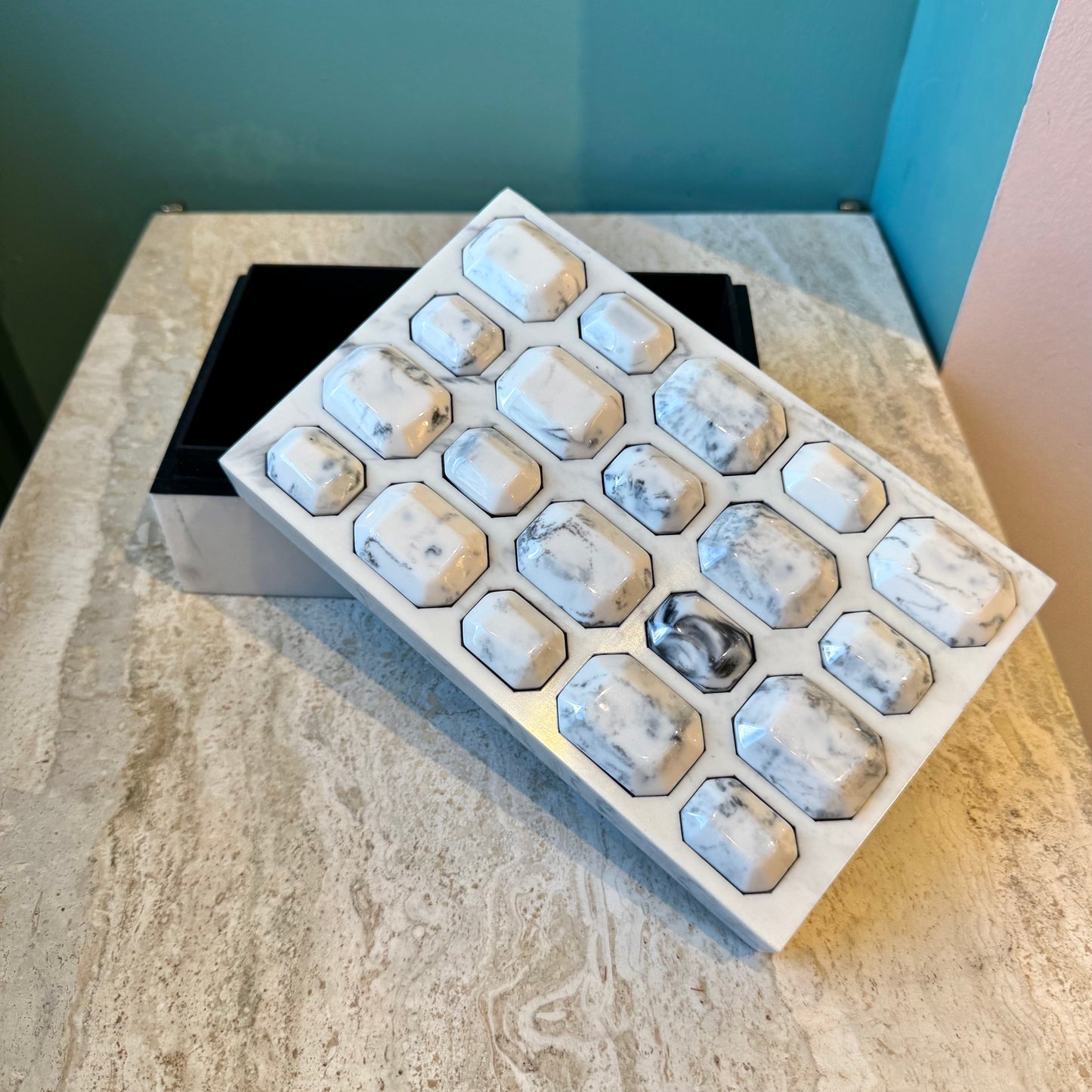 White Marbled Resin Box with Decorative Gem Lid