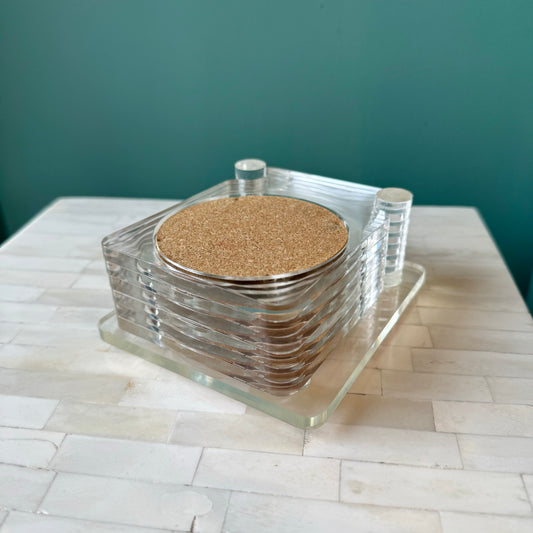 Set of 6 Vintage Lucite and Cork Coasters with Caddy by Tamei