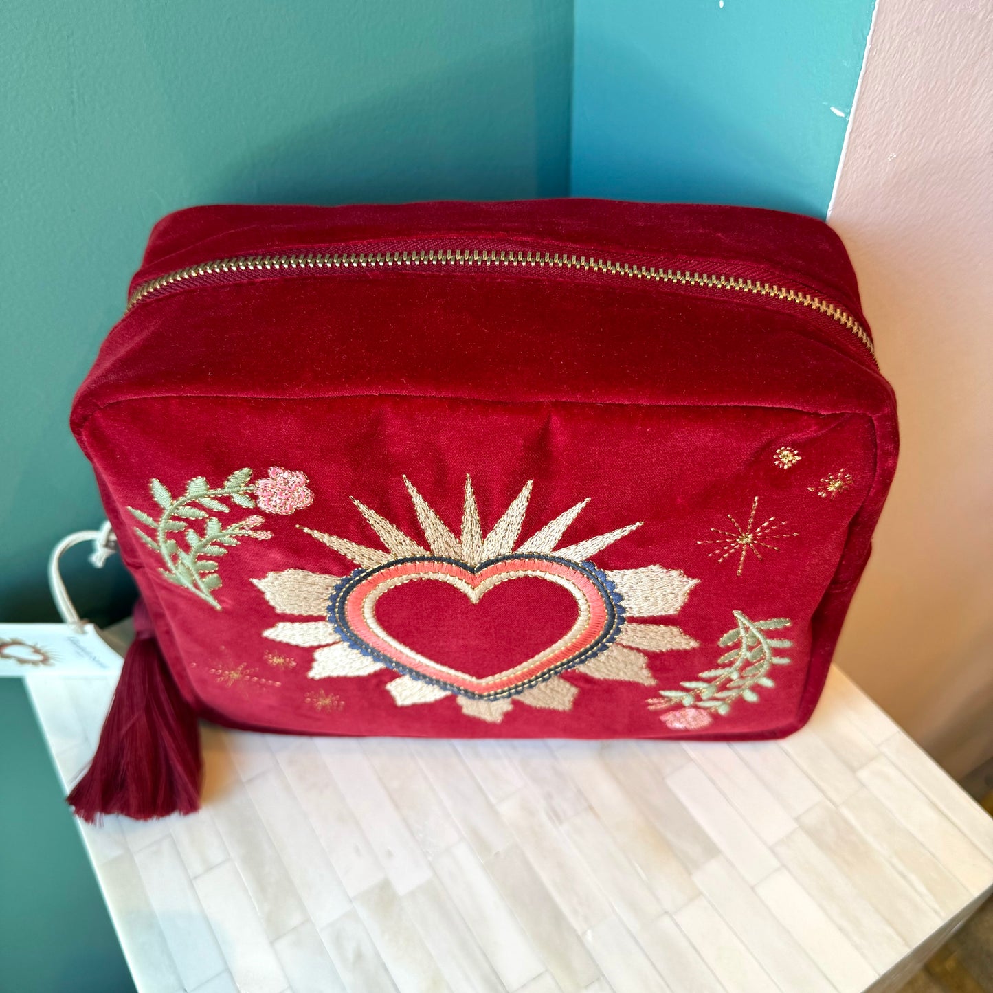 Red Velvet Sacred Heart Wash Bag by Elizabeth Scarlett