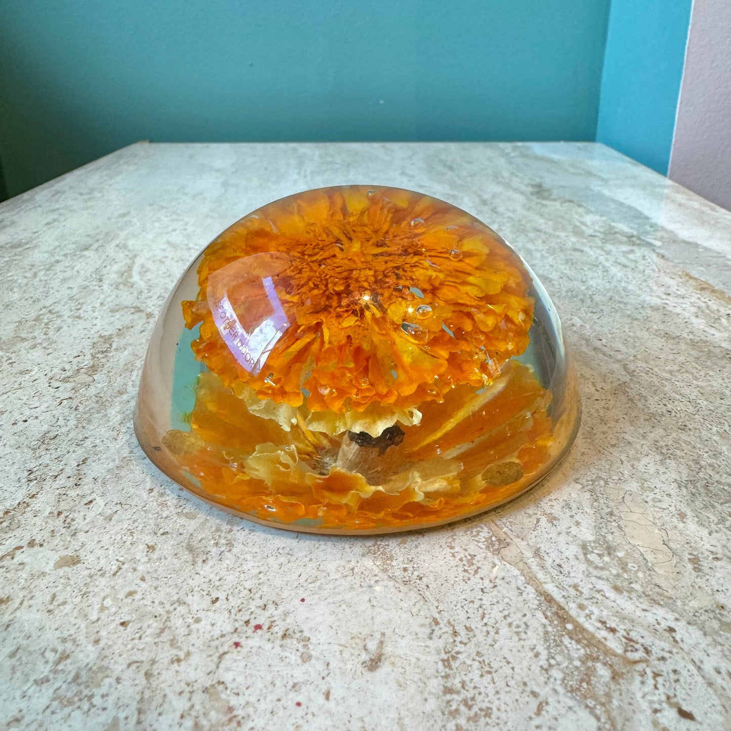 Vintage Lucite Marigold Flower Dome Paperweight
