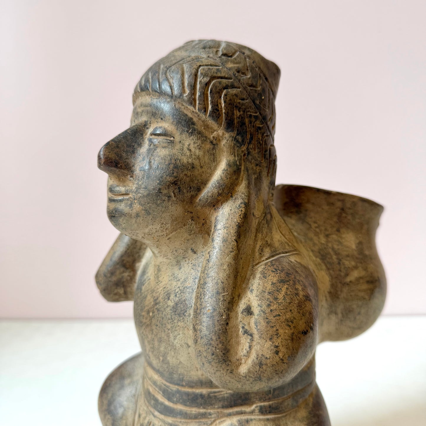 Vintage Mid-Century Aztec-Style 'Figure Carrying a Basket' Clay Pottery Planter (as is)